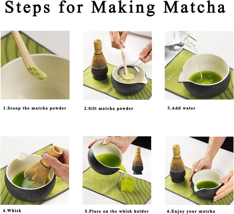 CHEFBEE 8PCS Matcha Whisk Set - Ceramic Matcha Tea Bowl Kit Set Includes Bowl, Whisk and Chasen Holder, Sifter, Bamboo Spoon & Scoop, Scoop Rest, Tea Towel, Christmas Macha Gift for Beginners Lovers - Image 5